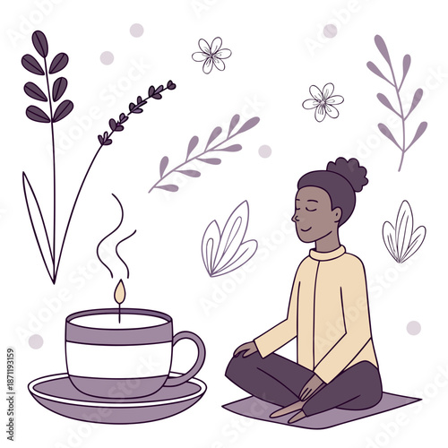 Woman meditating with tea