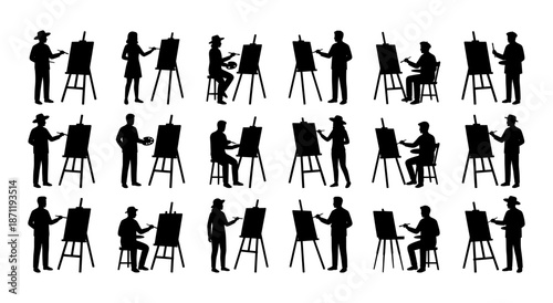 People creating art on canvas with easels silhouettes