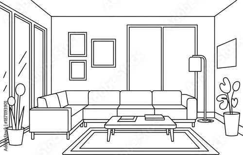 A modern living room with a sectional sofa and coffee table