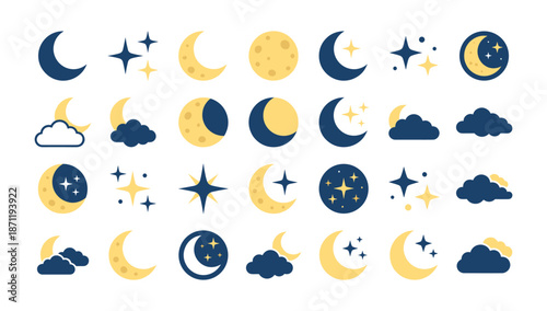 Moon, stars, and clouds vector icon set