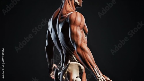 Anatomical human body model muscular system display on dark background
