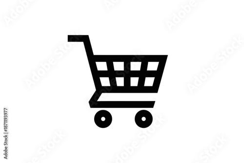A black shopping cart icon on a white background represents online shopping.