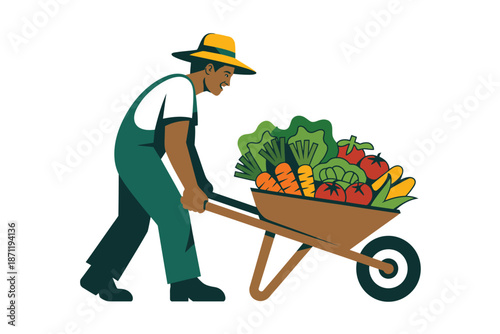 A man in overalls pushing a wheelbarrow full of fresh vegetables