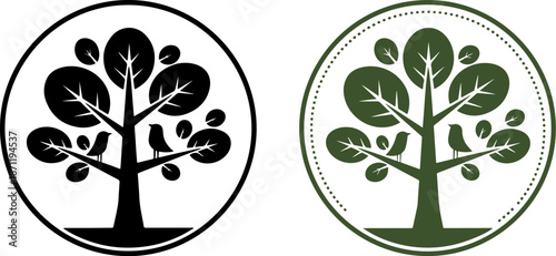 Stylized Tree and Birds Logo Set - Black & White and Green Nature Emblem