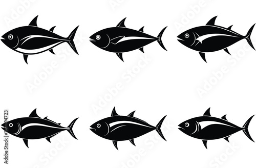 Set of salmon silhouette in line art style.Fish vector by hand drawing.Fish tattoo on white background.Black and white fish vector on white background.Salmon fish sketch for coloring book.