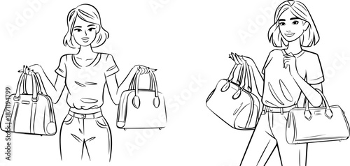 Line art illustration of two women holding shopping bags