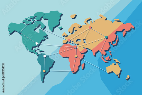 A colorful world map with lines connecting different continents and countries