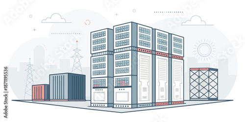 Modern data center server towers in futuristic city skyline with cloud computing infrastructure visualization