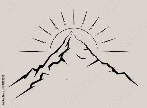 Minimalist line art illustration of mountain peak and rising sun