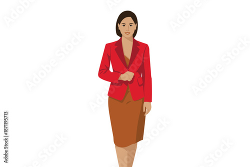 A confident businesswoman wearing a red blazer and brown skirt standing alone