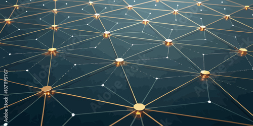 Golden network connections with glowing nodes and lines on dark blue professional technology background