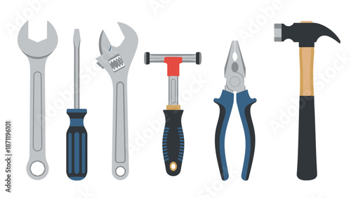 Assorted tools including wrench, screwdriver, adjustable wrench, socket wrench, pliers, and hammer laid out on a white background
