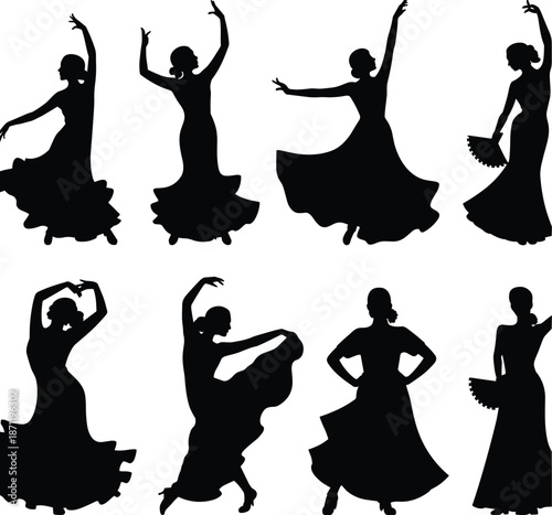 Flamenco dancer silhouette set, Spanish dance poses, female performers with flowing dresses and fans, black white vector illustration collection