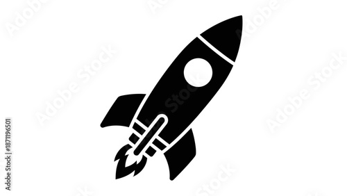 A sleek black rocket illustration soaring upwards on a white background