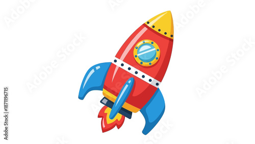 A vibrant red and yellow rocket ship blasting off into the sky with blue flames