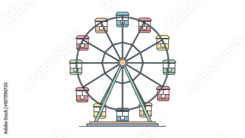 A colorful Ferris wheel stands tall at a vibrant fairground, viewed from the front.