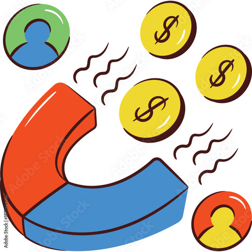 Magnet attracting coins and people icons
