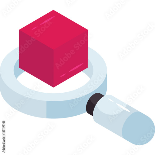 Magnifying glass over red cube icon