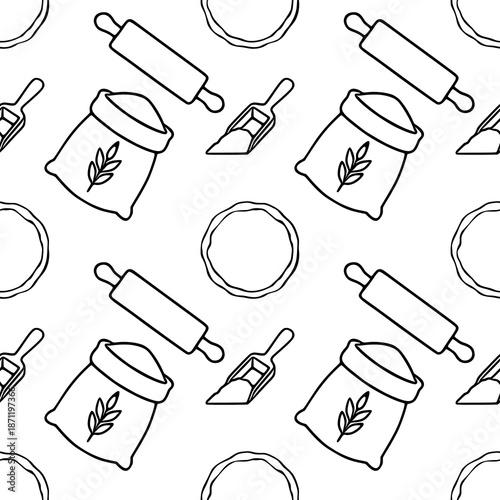 Seamless vector pattern of baking ingredients, including flour bags, rolling pins, and dough circles