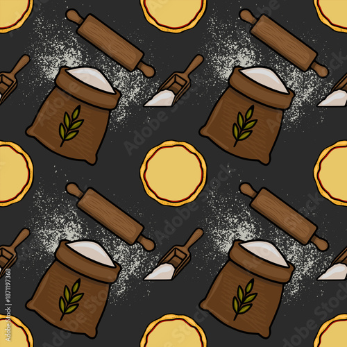 Seamless vector pattern of pizza dough, flour bags, rolling pins, and scoops on a dark textured background.
