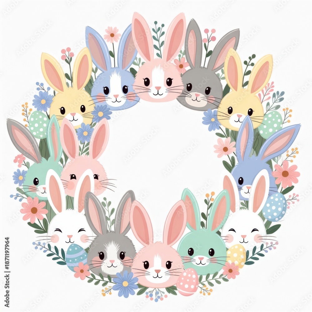 Fototapeta premium Cute pastel bunnies forming round wreath with easter eggs and spring flowers around empty center on white background, soft watercolor illustration and gentle lighting. Friendly easter greeting concept