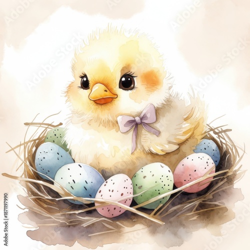 Cute fluffy yellow chick with bow sitting in nest with pastel easter eggs on soft blurred background, gentle watercolor lighting and cozy spring mood. Tender easter celebration atmosphere
