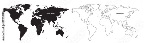 Two world maps in black and white on a white background one filled and one outlined globally with map illustration and global map and earth map