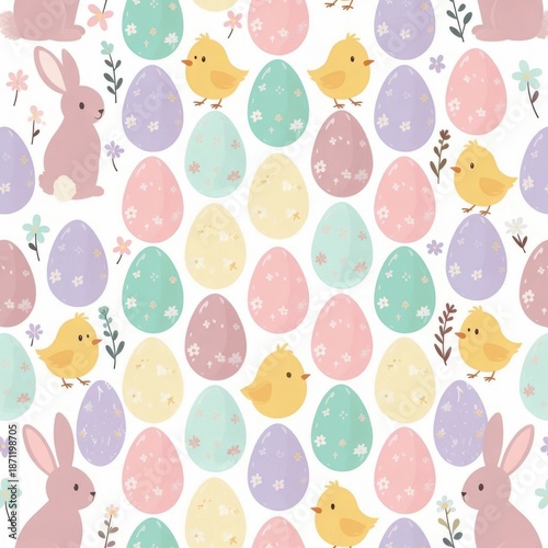 Seamless pattern of pastel easter eggs with cute yellow chicks and pink bunnies on soft decorative background, gentle watercolor style with playful spring colors. Cheerful easter holiday pattern conce