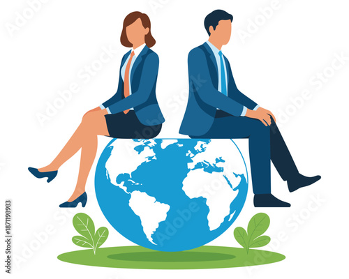 Business people sitting on a globe representing global business concept