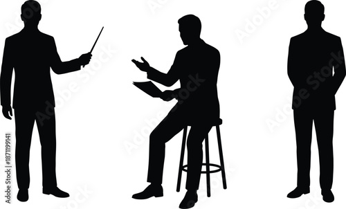 Business role icon set, silhouette gestures, pointer, clipboard, stool, black vector graphics, professional posture, workplace theme