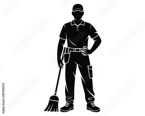 Janitor holding a broom with a tool belt