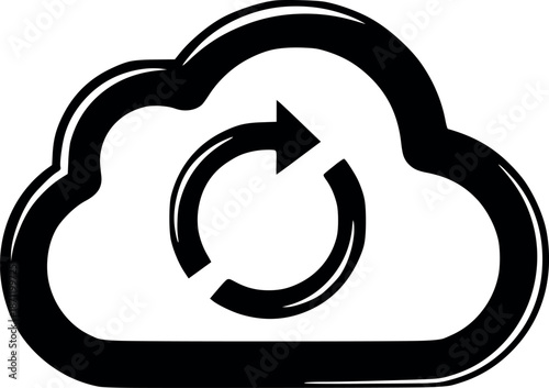 vector illustration of a cloud with a circular loading arrows symbol in the center, data synchronization and web storage concept, design with solid black fill and no white color