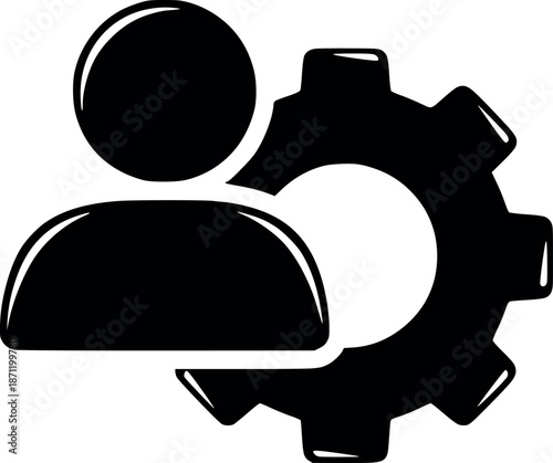 user silhouette vector with gear. represents account settings, technical support and personnel management. solid black fill design without white color
