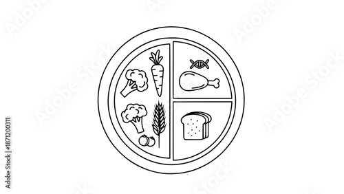 Vector of a balanced meal plate divided into vegetables, protein and grains, nutrition guide concept, minimal outline illustration, isolated