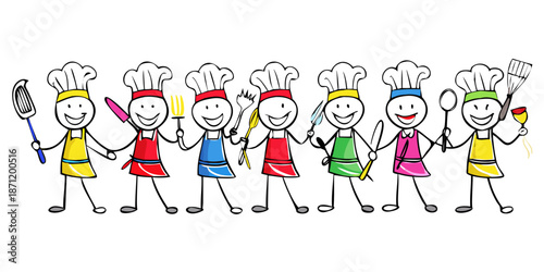 A row of diverse chefs and food enthusiasts in a whimsical doodle style. Wearing aprons and chef hats, holding whisks or rolling pins. Bright primary colors, bold black lines, and cheerful expressions