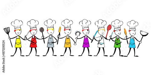 A row of diverse chefs and food enthusiasts in a whimsical doodle style. Wearing aprons and chef hats, holding whisks or rolling pins. Bright primary colors, bold black lines, and cheerful expressions
