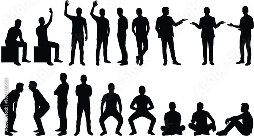Male gesture icon set, silhouette poses, seated and standing figures, black vector graphics, body language theme, lifestyle illustration