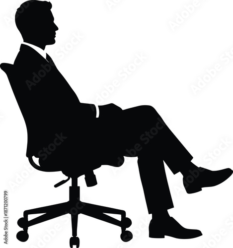 Office chair icon, seated silhouette, formal attire, business posture, black vector graphic, professional setting, workplace theme