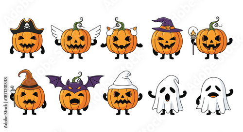 Collection of cute halloween pumpkin characters in different costumes like pirate and witch along with friendly ghost mascots for seasonal decor.