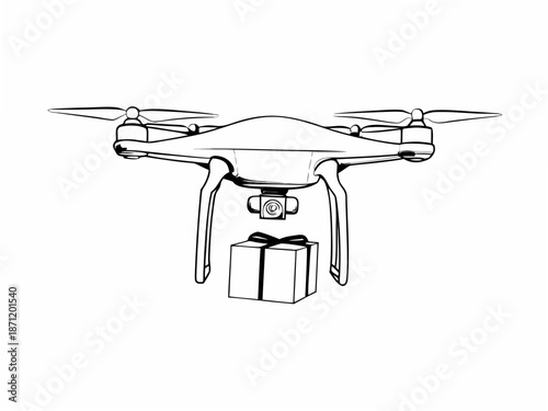 Drone delivering gift box with ribbon in modern aerial view