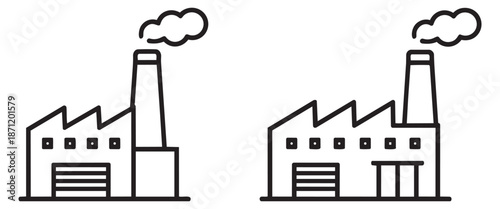 Line art factory icon set featuring factory buildings with smokestacks and smoke for industrial concepts
