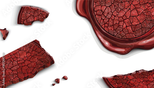 Broken Red Wax Seal Fragments on White Background.