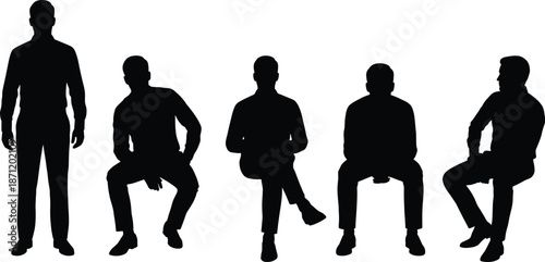 Seated posture icon set, silhouette poses, relaxed and expressive gestures, black vector graphics, body language theme