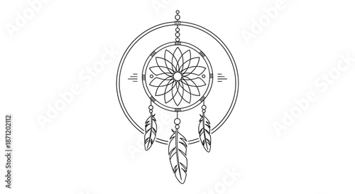 Minimalist black and white dreamcatcher illustration with three hanging feathers and a floral center design representing native american culture.