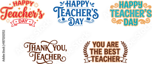 Teacher appreciation icon set, celebratory text designs, decorative fonts, thank you messages, colorful vector graphics, education theme