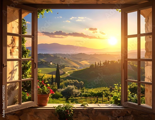 Tuscan countryside view from an open window at sunset.