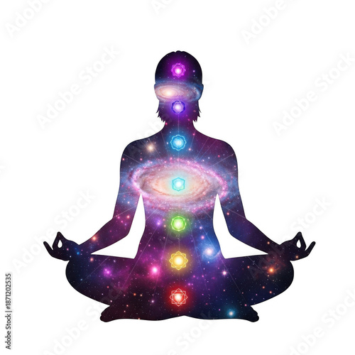 Meditating figure galaxy chakra enlightenment cosmic energy flow transparent background