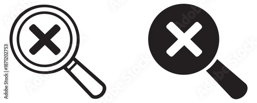Outline and filled magnifying glass icons set featuring a cross symbol for failed search results