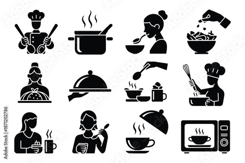 Bold Black Silhouette Kitchen and Cooking Icon Set - Professional Chef Tools Vector