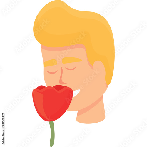 Man smelling a red tulip